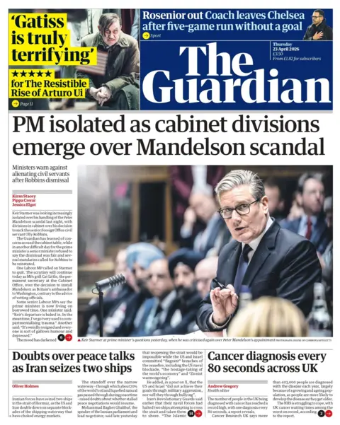 BBC "PM isolated as cabinet divisions emerge over Mandelson scandal" reads the headline on the front page of the Guardian.