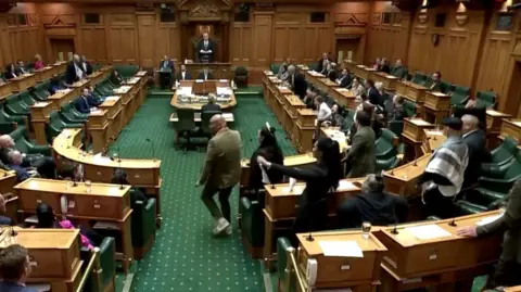 Maori MPs performing a haka in New Zealand's wood panneled parliament as fellow MPs look on