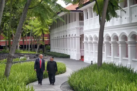 Getty Images Trump and Kim stroll around the property