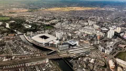 Owain Davies Cardiff city centre from the air