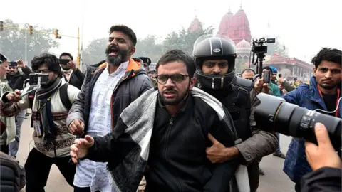 Getty Images Umar Khalid is detained while protesting against the Citizenship Amendment Act (CAA) and National Register of Citizens (NRC) at Red Fort on December 19, 2019 in New Delhi, India.