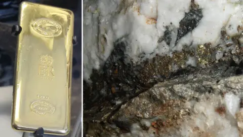 Geni/Ioan Rhys Lord 1kg gold bar and (right) a quartz vein with 'fool's good'