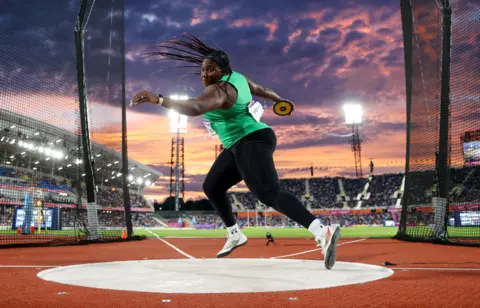 Michael Steele/Getty Images Chioma Onyekwere of Team Nigeria competes during the Women's Discus Throw Final on day five of the Birmingham 2022 Commonwealth Games at Alexander Stadium on 2 August 0 2022 in England.