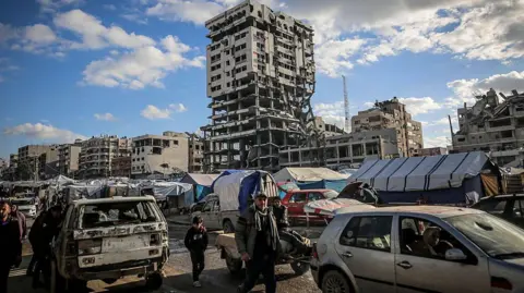 A view of the Bank of Palestine building, located in the Al-Rimal neighborhood of Gaza City and heavily damaged during the war between Hamas and Israel.