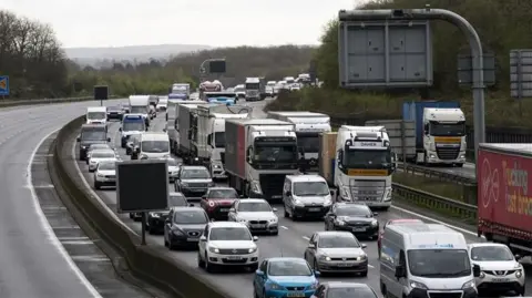 Traffic queuing on a motorway.