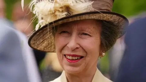 A close-up of Princess Anne smiling. She had short brown hair which is tucked under a brown hat.