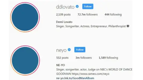 Instagram Screenshots of Demi Lovato and Ne-Yo's Instagram accounts with blue profile pictures