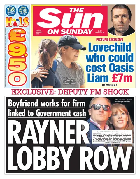 The Sun on Sunday has a picture of the Deputy Prime Minister, Angela Rayner, pictured with her partner Sam Tarry alongside the headline "Rayner lobby row". 