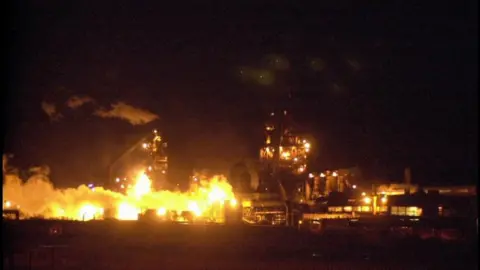 PA The scene at Corus steel plant in Port Talbot tonight, Thursday 8th November 2001.