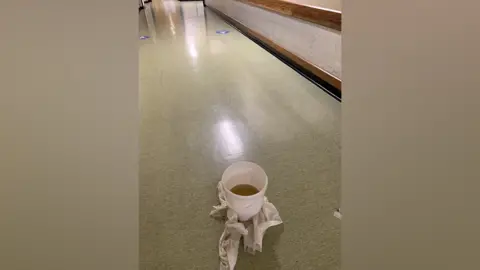 Jo Rust A bucket catches rainfall in hospital corridor at the Queen Elizabeth Hospital, King's Lynn