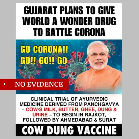 Facebook post featuring image of Indian PM Narendra Modi about plans for a vaccine based on cow dung. Labelled "no evidence"
