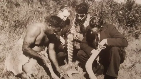 UTS Ms Foster's great-grandfather, Tom, and grandfather Fred, give lessons on country to two other men in the 1940s