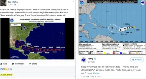 Joe Maley/NOAA A popular Facebook post (L) posted a picture of Irma heading for Houston Texas. NOAA (R) tweeted a warning about fake forecasts with an official image of the hurricane's trajectory.