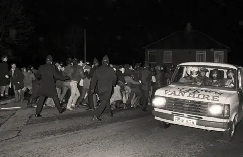 Roger Tiley Working miners broke through the picket line at Celynen South Colliery in Newbridge during the miners' strike