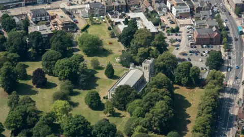 Historic England Aerial shot of the priory church, Dunstable