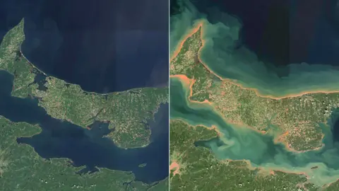 Courtesy Canadian Space Agency The space agency released a comparison image of PEI and the Northumberland Strait, taken in August and on 25 September