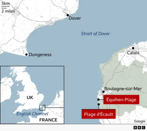 A map showing where the four migrants died off the coast of France