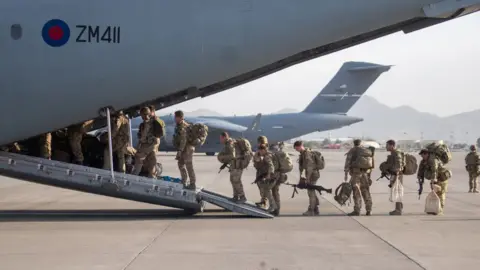 Crown Copyright Image shows UK military personnel onboard a A400M aircraft departing Kabul, Afghanistan on the 28 August 2021.