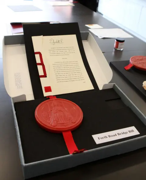 Scottish Parliament Red wax seal, the Great Seal of Scotland attached to an Act of Scottish Parliament