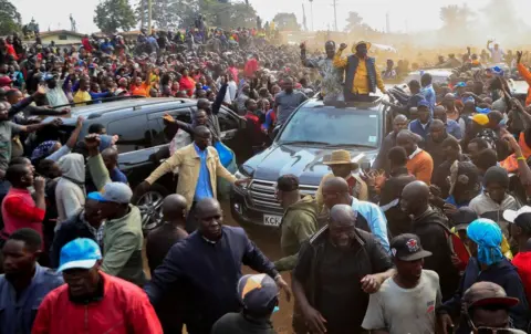 Thomas Mukoya/Reuters Kenya's opposition leader Raila Odinga, of the Azimio La Umoja arrives at a public rally over the government finance bill, at the Kamukunji grounds in Nairobi, Kenya - Tuesday 27 June 2023