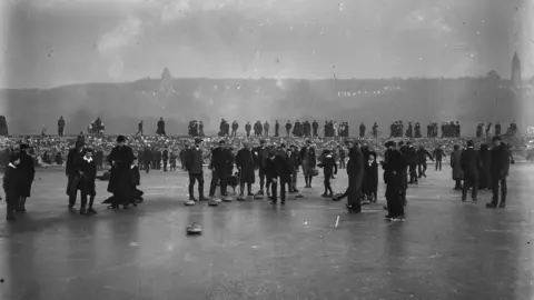 Cumbria Archive Service Curling on the steelworks reservoir c1908-15 - Sankey Family Photography Collection (published courtesy of Signal Film and Media)