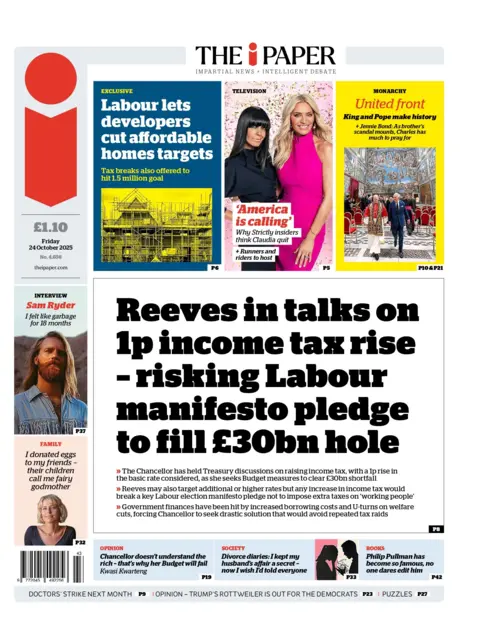 The headline on the front page of the i Paper reads: "Reeves in talks on 1p income tax rise - risking Labour manifesto pledge to fill £30bn hole"