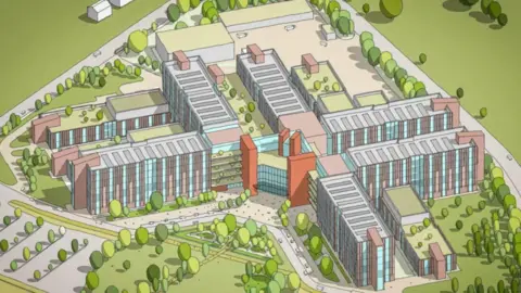 An artist's impression of a large multi-storey building in an a plus-sign shape, with green spaces around it