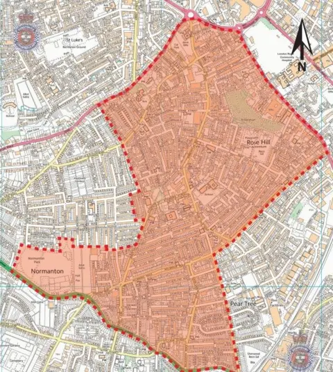 Derbyshire Police A map of Normanton where a dispersal order is in place. The area affected by the order is highlighted. 