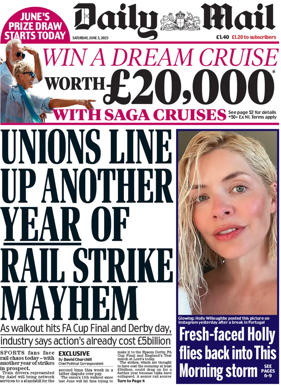 The front page of Saturday's Daily Mail