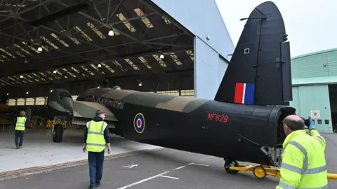 RAF Museum Wellington being moved out of hangar