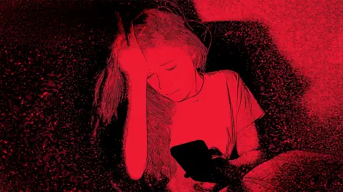 BBC Illustration of sad girl looking at her mobile phone