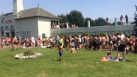 BBC Long queues outside Peterborough Lido