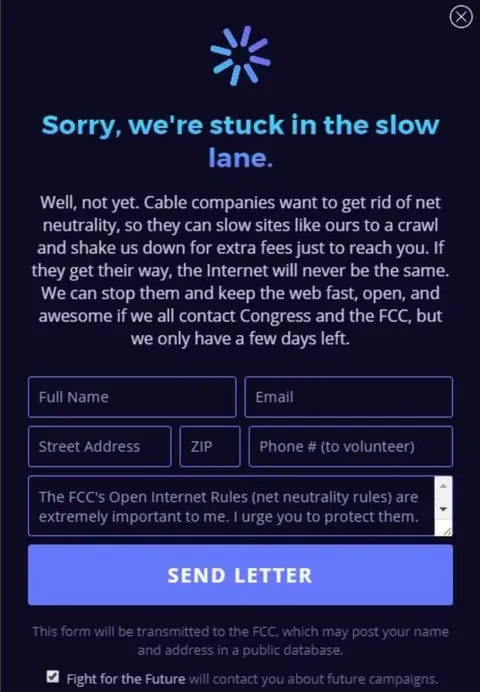 Battle for the Net A pop up window which says "sorry we're stuck in the slow lane" Notices like this will appear on popular websites such as Etsy, Mozilla, Vimeo and Kickstarter.