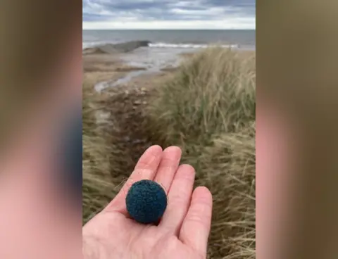 Carolyn Granthier/Marske Litter Action Someone holding a blue ball at the beach