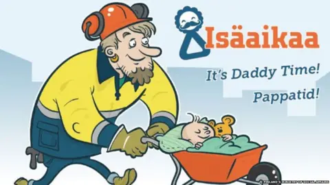 Finland's ministry of social affairs Cartoon of a dad with his baby