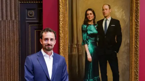 Reuters Artist Jamie Coreth poses in front of his painting of the royal couple