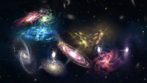 NRAO/AUI/NSF/S. Dagnello Spiral galaxies of blue, green, pink, gold, purple and white all poised to merge together
