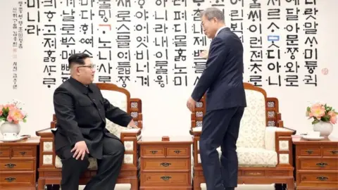 Reuters South Korean President Moon Jae-in talks with North Korean leader Kim Jong Un during their meeting at the Peace House