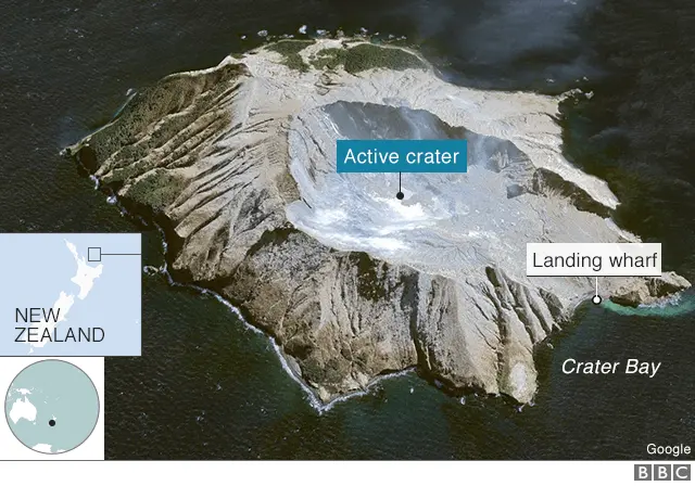 An image of the island, its crater and landing wharf