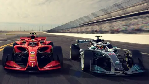 A graphic that shows a Ferrari and Mercedes 2021 concept car