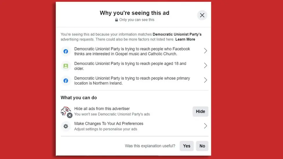 Facebook DUP targeted ad information