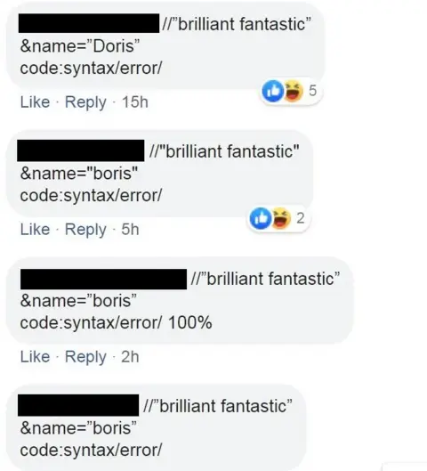 Facebook A number of nearly identical comments with odd punctuation and characters