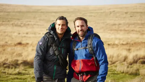 ITV Bear Grylls and Gareth Southgate on moorland