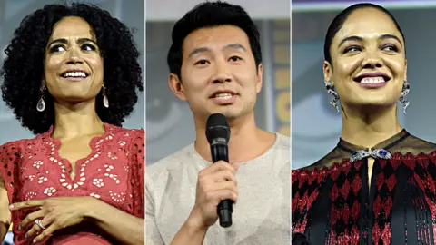 Getty Images Lauren Ridloff, Simu Liu and Tessa Thompson