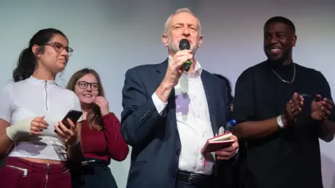 Joe Giddens/PA Media Jeremy Corbyn launches Labour's youth manifesto at a rally in Loughborough