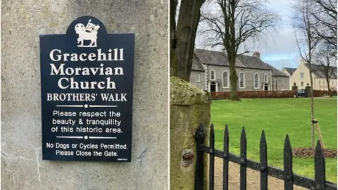 The Brothers' walk sign and the church side by side