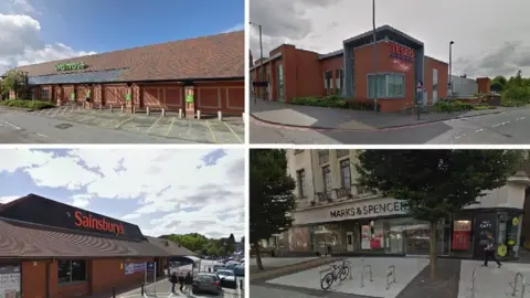 Google Maps (Clockwise L-R) Waitrose, Audley Avenue, Newport; Tesco, Camden Street, Birmingham; Sainsbury's Chapel Lane, Selly Oak and Marks and Spencer, High Street Birmingham
