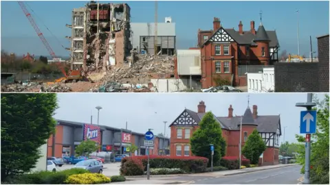 Wrexham's Carlsberg-Tetley brewery site has become a retail park but the old office remains