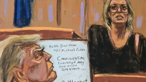 Donald Trump and Stormy Daniels in court, a sketch