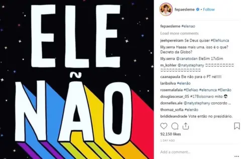 Fernanda Paes Leme/ Instagram An anti-Bolsonaro post with the hashtag #EleNao